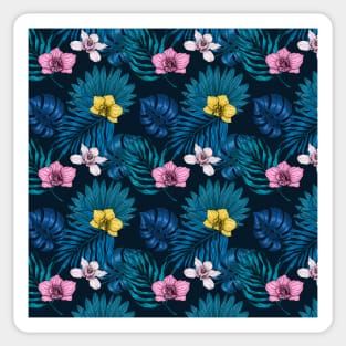 Orchids and palm leaves, pink, yellow and blue Sticker